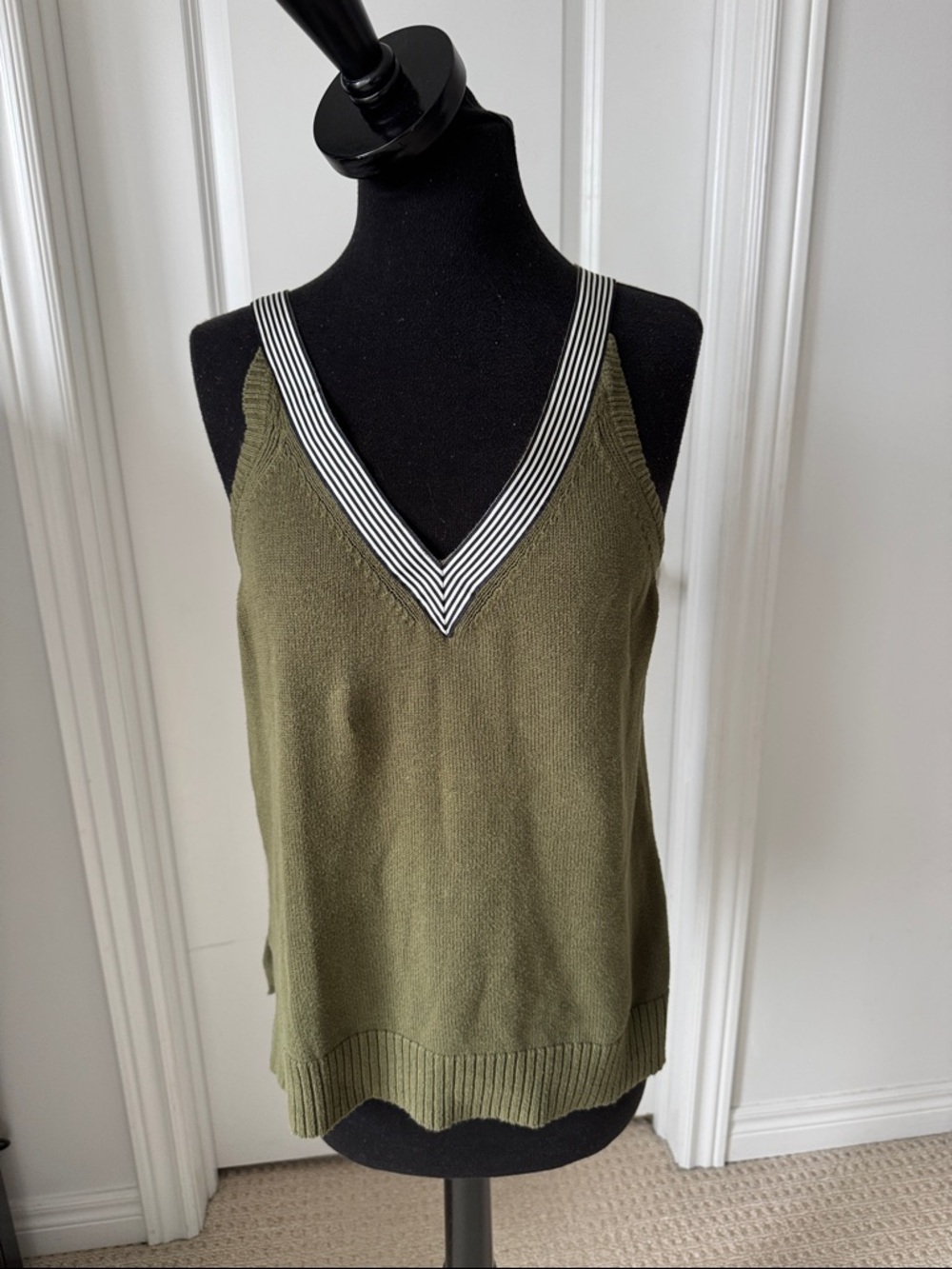J. Crew Olive Green V-Neck Knit Tank with Striped Trim